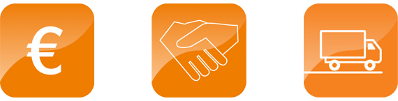 Logo với ký hiệu euro, bắt tay và xe giao hàng